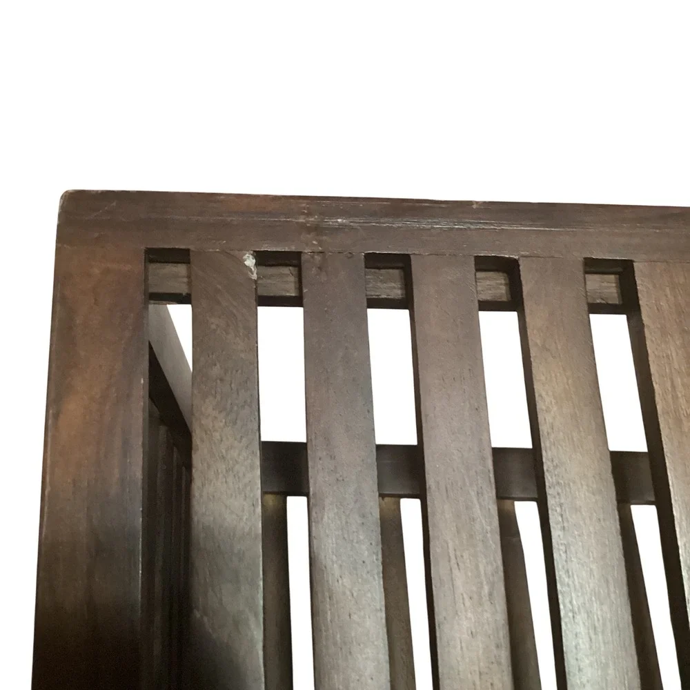 Mid Century Modern Slatted Wood Magazine Holder Floor Rack Dark Brown Heavy
